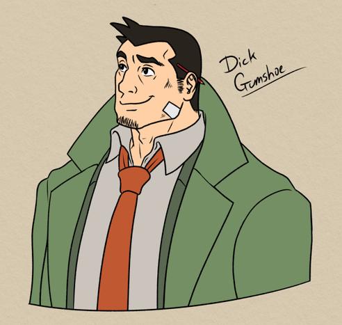 The same drawing of Dick Gumshoe, but this time inked and flatted. His hair is black, his jacket is green, and his tie is an orangey-red.