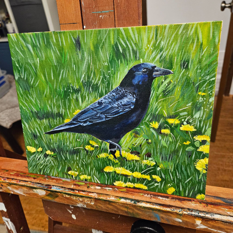 An 8x10 oil painting on canvas board of a crow standing on one foot in a grass field of dandelions.