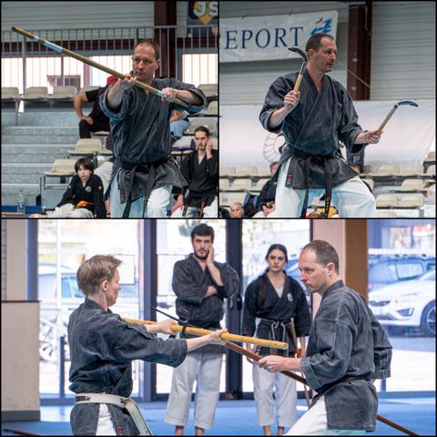 A collage of people practicing Kobudo using wood sticks, grasshooks and other things that spikes.