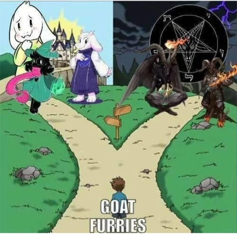 Road fork meme of goat furries, one is soft and cuddly the other are devil worshippers.