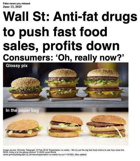 Fake News You Missed on 13 June 2025:
Headline - Wall St: Anti-fat drugs to push fast food sales, profits down
Sub-headline - Consumers: 'Oh, really now?'
Image - A comparison of promoted images of fast-food hamburgers and images of actual hamburgers. The top row, labeled "glossy pix," shows three ample, well proportioned hamburgers. The bottom row, labeled "in the paper bag" shows three sad, flat-looking excuses for food.
(Grimsby Telegraph © 2025 Local World; image edited to add labels)