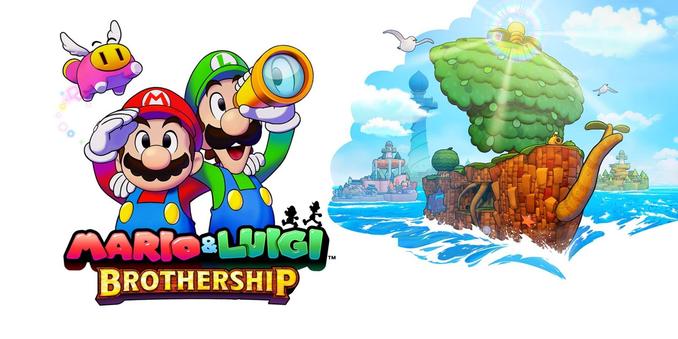 On the left, Mario, Luigi, and the pig-like Snoutlet above the game logo. On the right, Shipshape Island