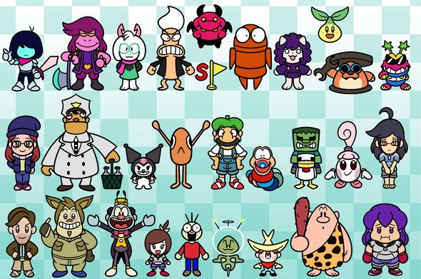 ROW 1: Kris, Susie, Ralsei, Fryboy, Micro Demon, Special Flag, Semibot, Bobo, Foley, Rocky Wrench, Cosmo Gang Leader
ROW 2: Jen, The Milkman, Kuromi, Le Poisson Steve, Luigi, Spaghetti, Chicken Jockey, Steph, Yurichi
ROW 3: Lone Star, Barf, Mr. Ring-a-Ding, Street Ninja Colleen, Jumping Julian, Colonel Bleep, Squeak, Scratch, Fat Leilanie (I am so sorry, Lei)