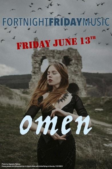 Fortnight Friday Music for Friday June 13th, with the theme "Omen". The image is a young, pale woman dressed in black, wearing a necklace made of obsidian dragon-tooth shapes and a black bridal coronet. Her long reddish hair lifts in a breeze blowing from behind her. The background is a castle ruin and a murder of crows circling under low gray clouds. Background photo by Zayceva Tatiana (Pexels, "Free To Use")