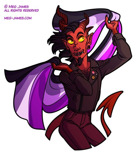 Halfbody drawing of Vaclav, a yellow-eyed and red-skinned tiefling with mismatched horns, holding up an asexual pride flag behind him.