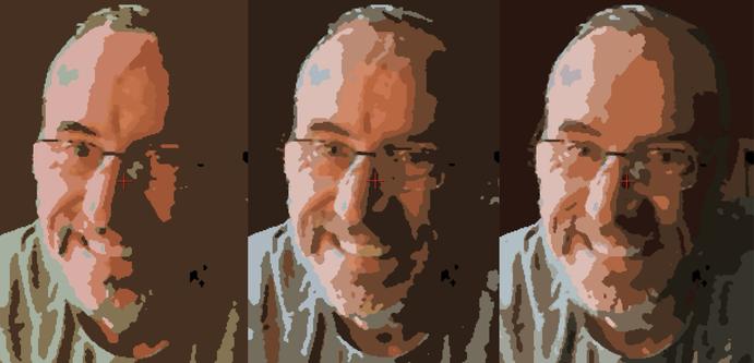 Triptych of Cuff.  1, 5 and 50 annealing iterations of Clamp’s painting magic auto palette algorithm for #chromamagic.