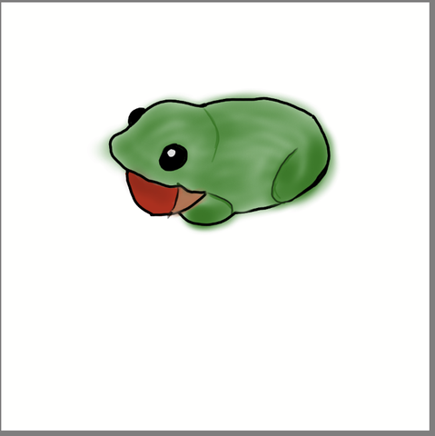 A stylised frog drawing with a wide open mouth and legs tucked under it's body