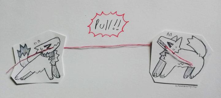 a photo of two cutout dogthings on a white background linked together by red thread. it's sewn through their mouths, so it looks like they're playing tug of war. there is text that reads PULL!! above the middle of the line, outlined with red spikes.