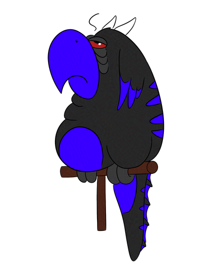 Lumpi the parrot from the German movie "Werner - Gekotzt wird später", but instead of his usual colors, he has gotten Shadowcloud's black and violet colors and markings and crimson eyes, as well as horns and a dragon tail with frills.