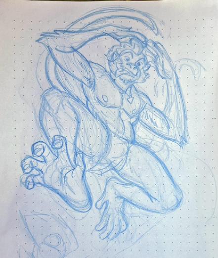 A work in progess sketch of Spider Monkey Angelo, in silly a mid air hopping pose from above, looking down at the viewer with his