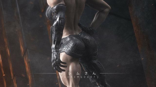 close up detail of a female cyborg character with mechanical arm and leg