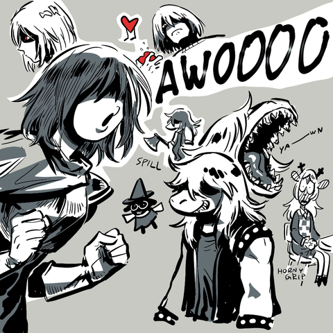 Deltarune fan art. Various character sketches. Top to bottom, left to right:
1. A profile view of Kris, a young person with shoulder length hair and red eyes. Their bangs cast shadows on their face.
2. A SOUL in the shape of a cartoonish red heart. It has a pair of legs.
3. Kris holds the SOUL in a death grip, glaring down at it. The SOUL sweats.
4. Kris, in battle armor, howls loudly. Their hands are fisted to their sides as if putting extra effort to the howling.
5. A tiny doodle of Susie, a bipedal girl monster with reptile-like features and long shaggy hair. She holds an axe.
6. A tiny doodle of Ralsei, a creature wearing wizard robes.
7. Susie in her battle armor, which is a studded jacket over a dark colored shirt. Her shaggy hair hides her eyes, and she smiles a toothy smile.
8. Susie yawns, showing rows of pointy teeth. In the background is Noelle, an anthropomorphic reindeer with long blond hair wearing a sweater vest over a jacket and a skirt. She sits at her school desk and stares at Susie wide-eyed and red-faced, hand fisted in her lap, described as "horny grip" by some text.