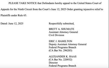 PLEASE TAKE NOTICE that Defendants hereby appeal to the United States Court of Appeals for the Ninth Circuit from the Court's June 12, 2025 Order granting injunctive reliefto Plaintiffs under Rule 65.  Dated: June 12, 2025