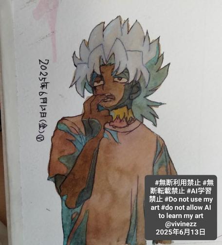 遊戯王のファンアート。Tシャツを着た闇マリクが指を噛んでいる。襟元にちび城之内が入っている。