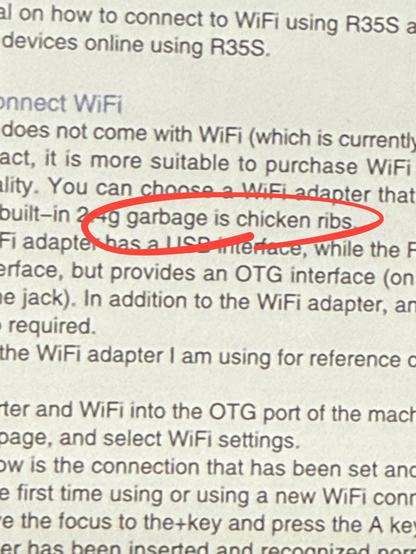 A screenshot of a manual for an R36S retro console. A highlighted section under “Connect WiFi” reads: “garbage is chicken ribs.”