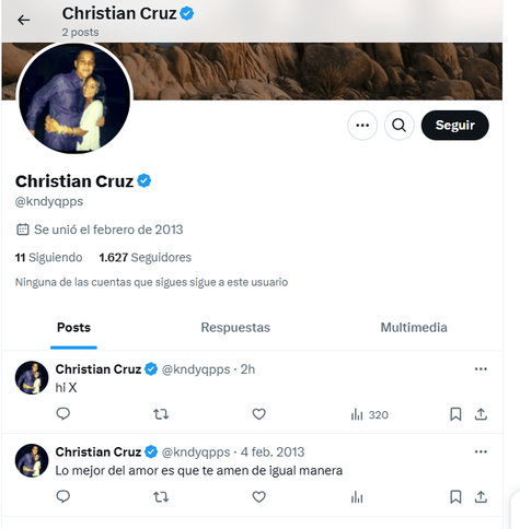 Perfil de Twitter de Christian Cruz, con su foto de perfil en la parte superior y publicaciones recientes que incluyen saludos simples. (estafador)