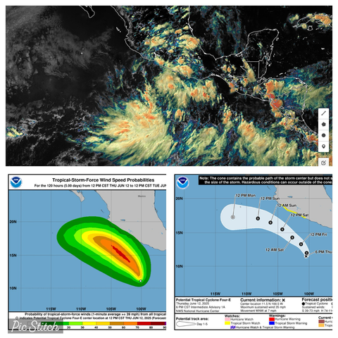 NHC cone map showing storm center staying offshore in Eastern Pacific, wind field probability map from NHC showing around 10% chance (currently) of tropical storm force winds and satellite image of region showing large widespread scattered storms.