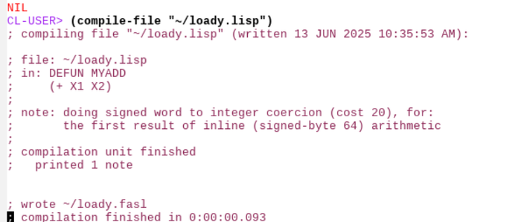 steel bank common lisp telling me that the type coercion necessary for my DEFUN MYADD's types has (cost 20) for the result of inline (signed-byte 64) arithmetic when I compile a file.
