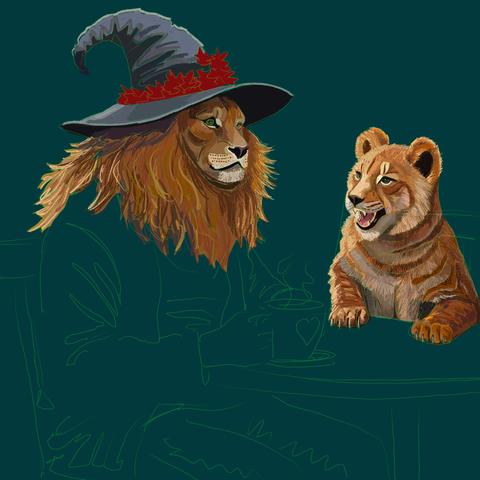 Lion headed wizard and his semi feral cub apprentice are sitting a bistro table. Wizard has coffee. Apprentice does not.