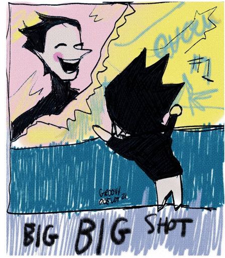 Spamtom in the alley watching a poster of a big shot. 2021