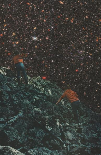 two kids climb a large rocky expanse, looking out into the galaxy