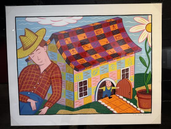 Image of a giant man in a yellow hat leaning against a house with checkerboard roof and walls. A small man is holding open a semicircular door.

Artist: Rodney Greenblat
Title: Tom's Cabin
Screenprint on paper
1988
Courtesy Openhouse
