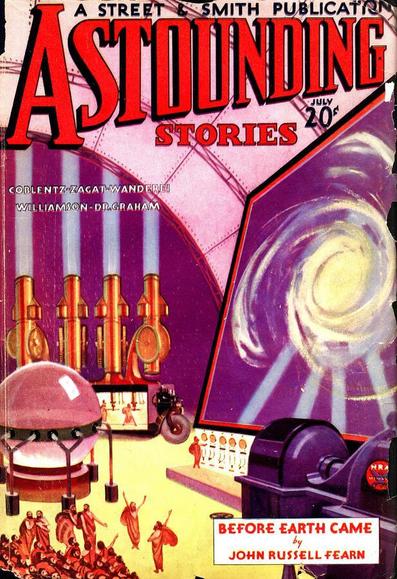 Figures in roman-like robes/togas are dwarfed by huge machines, switches, devices and a screen on which a spiral is seen against a purple background.
Astounding Stories magazine cover from 1934.