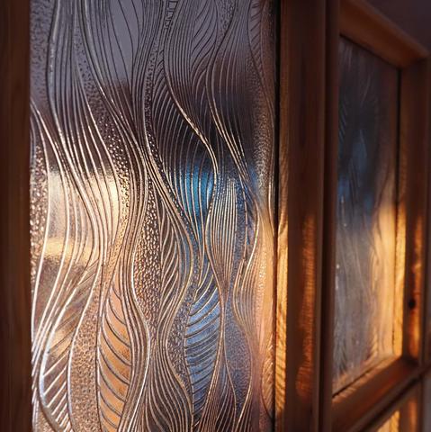 Frosted glass panel with a wavy, textured pattern in a wooden frame. The glass diffuses light, creating a warm glow in the background, with hints of blue tones visible through the waves. The structure includes multiple glass panels.