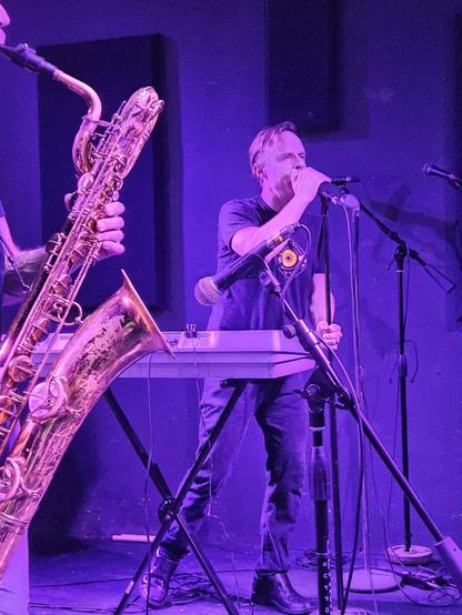 Picture of person singing next to saxophone