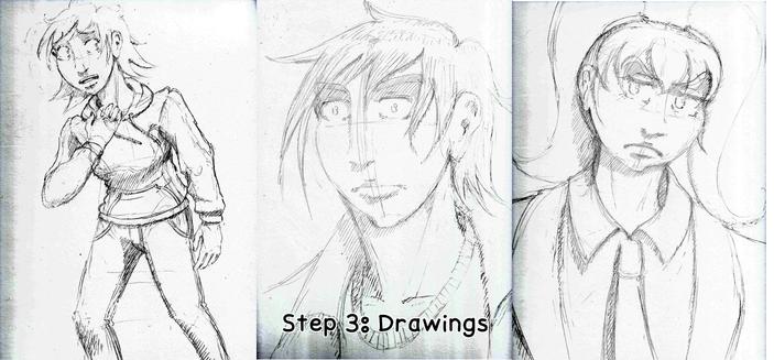 Drawings of three characters for a cover art