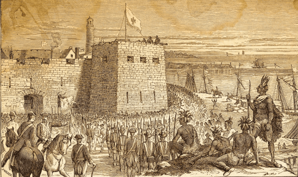 The Battle of Fort Oswego, where a French, Canadian and Indian force overwhelmed British defenders. Photogravure by John Henry Walker, 1877, from Journal de Montréal