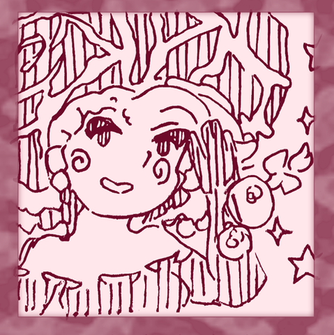 An ink drawing of a Rosy Veincap girl, brushing a lock of mycelium out of her face.