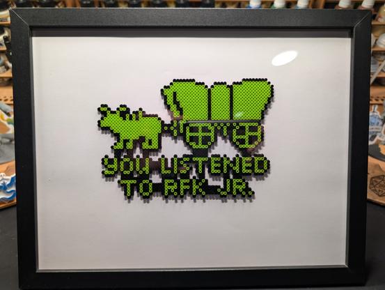 Photo of a framed "you died" ox wagon image from Oregon Trail made of perler beads. "You have died of dysentery" has been replaced with "You listened to RFK Jr."