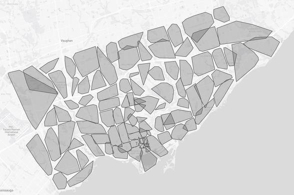 A greyscale map of Toronto, overlaid by a couple dozen of convex hull polygons that are partially transparent. Most of the city's area is covered, with noticeable exceptions in ravine areas and residential areas. Some of the polygons don't overlap any other polygon, many overlap another polygon only slightly, and there are maybe ten larger overlaps.