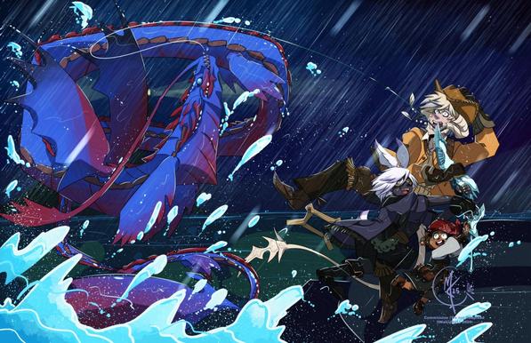 My FFXIV character, Xarann, alongside my friends' characters, Thomas and Bobba Bee, fishing up the Nepto Dragon together in the rain. Thomas and Bobba Bee are shocked to see what sort of monstrosity they are reeling in, while Xarann is excited to finally catch it.