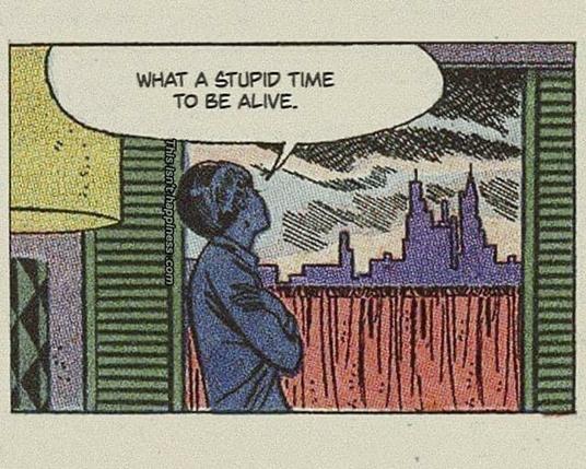 A person looks out the window at an overcast cityscape.
What s stupid time to be alive.