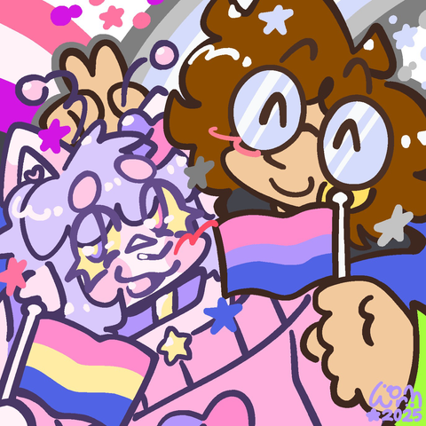 colored digital drawing of moonie and thom holding pride flags, moonie holding a pan one and thom holding a bi one. they both look very happy. the background has the colors of the genderfluid flag and the demiboy flag as rainbows.