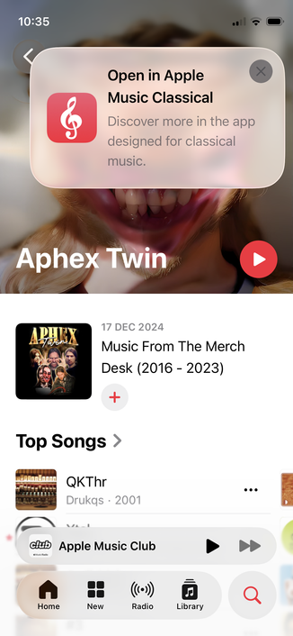 screenshot of apple music with aphex twin profile and a open in apple music classical popup.