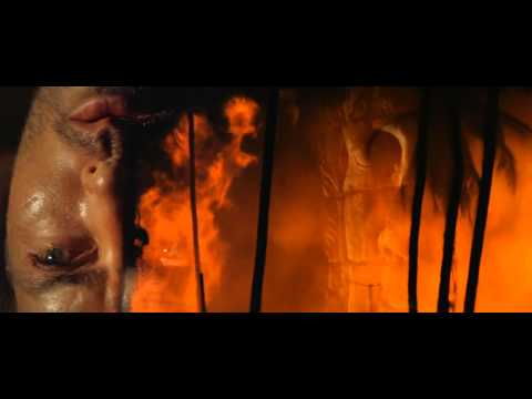 Imagen de Apocalypse Now. Palmeras quemando  y la cara de un actor de la película al revés, a la izquierda