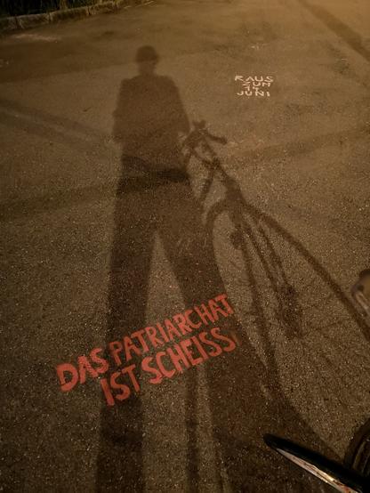 Foto, auf der Strasse steht rot DAS PATRIARCHAT IST SCHEISS und weiss RAUS ZUM 14. JUNI. Auch sieht man den Schatten eines Menschen mit Velo.