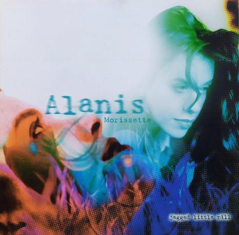 CD cover with a big lettered «Alanis» in the centre. Bottom left, in reddish tones, a woman looking up. Centre right a woman looking down in green-blueish tones.