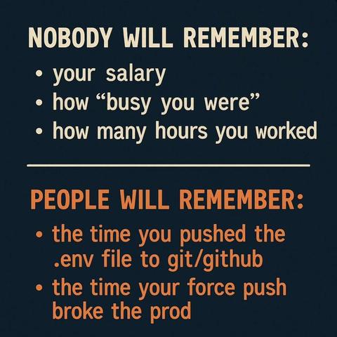 The image is a meme with a dark background, divided into two sections. The top section, in white text, reads "NOBODY WILL REMEMBER:" followed by three bullet points: "your salary," "how 'busy you were'," and "how many hours you worked." The bottom section, in orange text, reads "PEOPLE WILL REMEMBER:" followed by two bullet points: "the time you pushed the .env file to git/github" and "the time your force push broke the prod." The meme humorously contrasts what people typically remember in a professional setting versus what is actually memorable in a technological context, emphasizing that significant mistakes or critical actions in software development are more likely to be remembered than general work-related metrics.