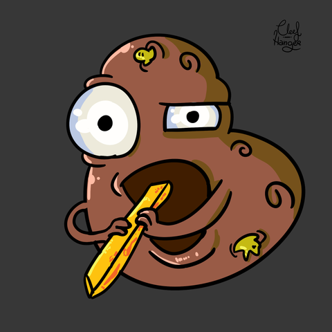 Potato with a big mounth about to eat a french fry as in the painting of Goya.

Patata con una boca enorme apunto de comerse una patata frita como en el cuadro de Goya.