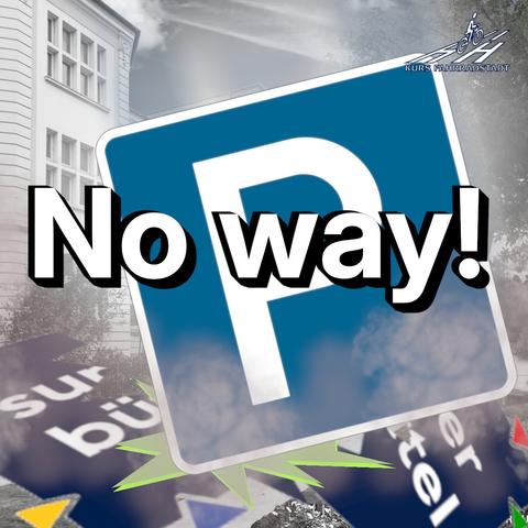 Im Hintetgrund die Visualisierung von Hamburgs erster autofreier Schulstraße. Doch nun fällt ein riesiges "P"-Parkplatzschild vom Himmel und zertrümmert das SUPERBÜTTEL.