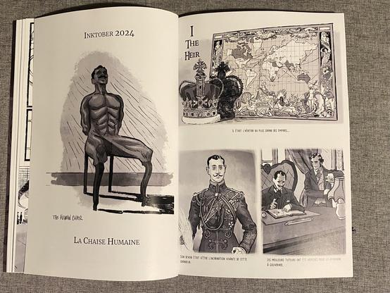 The image features a page from "Inktober 2024" showcasing various illustrations. One prominent drawing depicts a muscular man seated on a chair, titled "La Chaise Humaine" (The Human Chair). The surrounding illustrations include a map, a portrait of the Duke of Clarence and the same Duke with his personal teacher.