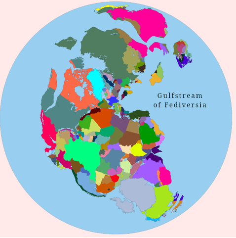 Shows a multi-colored map of the Pangea continent, but without any names other than the ocean which is half-way encircled by landmass, which is named "Gulfstream of Fediversia".