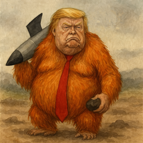 Trump, as fat old gibbon in a red tie, carrying a missile a hand full 'o shite.