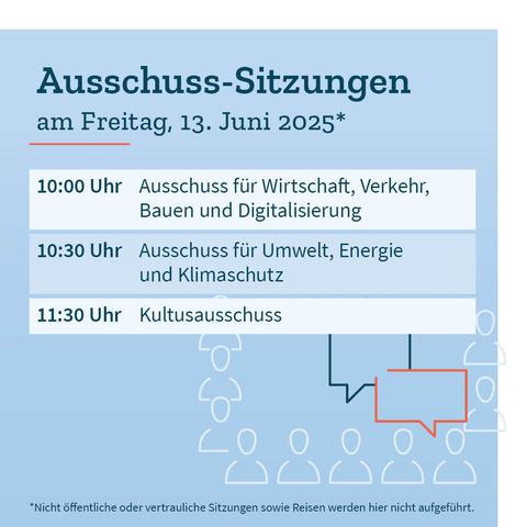 Grafik in Blautönen mit den Terminen der Ausschusssitzungen am Freitag, 13. Juni 2025: 10 Uhr: Ausschuss für Wirtschaft, Verkehr, Bauen und Digitalisierung. 10:30 Uhr: Ausschuss für Umwelt, Energie und Klimaschutz. 11:30: Kultusausschuss. Dazu der Hinweis, dass nicht öffentliche oder vertrauliche Sitzungen sowie Reisen nicht aufgeführt werden.