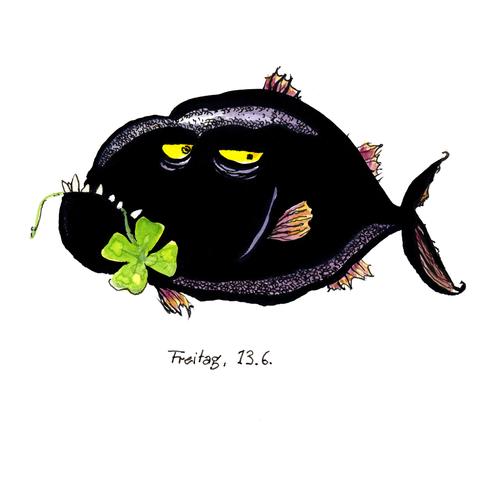 This fish drawing shows a black fish facing to the left with a four-leaf clover in it’s mouth. The fish has large white teeth and yellow, half-closed eyes, which gives it a grumpy expression. The fins are red. Beneath the fishes body I wrote the date „Freitag, 13.6.“ (Friday, june 13th)

Diese Fischzeichnung zeigt einen schwarzen Fisch, der ein vierblättriges Kleeblatt zwischen den Zähnen hält. Der Fisch schaut nach links und hat große, weiße Zähne und gelbe, halb geschlossene Augen, wodurch er etwas verdrossen wirkt. Die Flossen sind rot. In der Mitte unter dem Fisch steht das Datum „Freitag, 13. 6.“