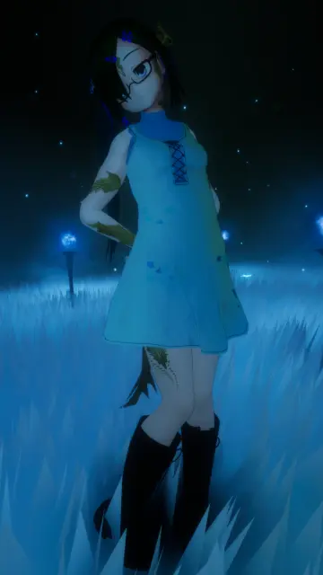 VR photo of my VRChat main character, Sola, in her Fairy Dragon form (anime girl with green-blue hair, glasses, draconic scales, fairy wings).

On this photo, everything is covered in a blue hued lighting.